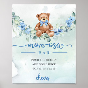 Cute watercolor baby bear blue flowers Mom-osa bar Poster