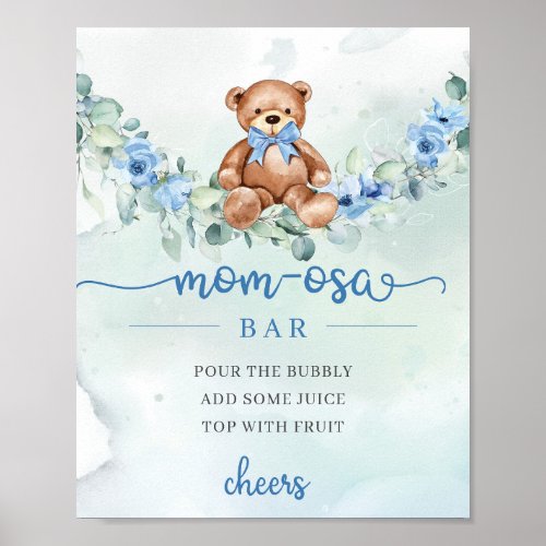 Cute watercolor baby bear blue flowers Mom_osa bar Poster