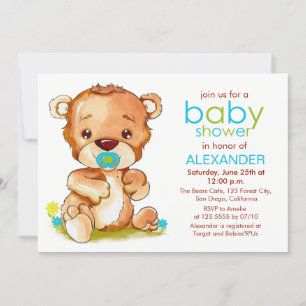Cute Watercolor Baby Bear Boy Baby Shower Invitation