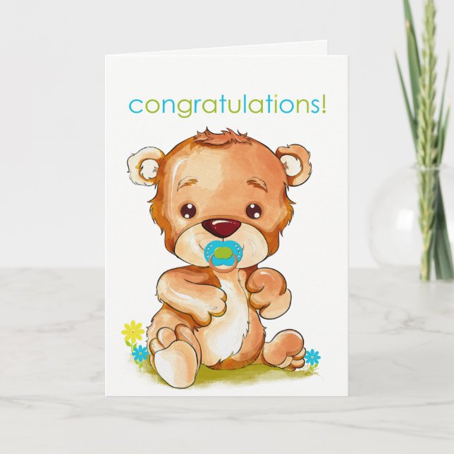 Cute Watercolor Baby Bear Boy Congratulations Card (Front)