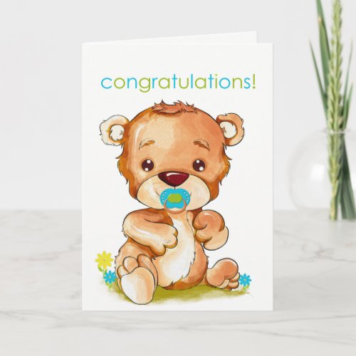 Cute Watercolor Baby Bear Boy Congratulations Card