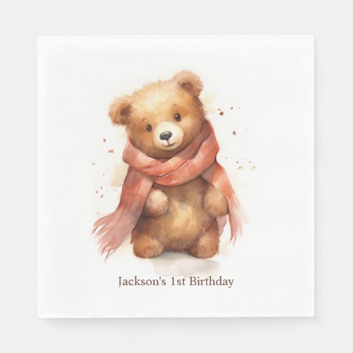 Cute Watercolor Baby Bear First Birthday Party Napkins