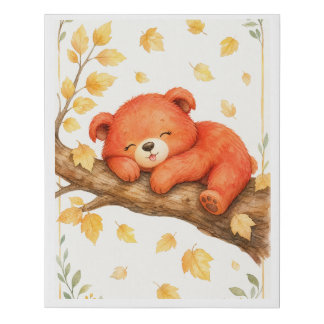 Cute watercolor baby bear sleeping on a treebranch faux canvas print