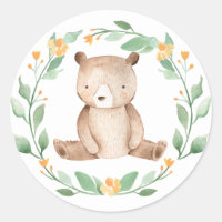 Cute Watercolor Baby Bear Woodland Baby Shower Classic Round Sticker