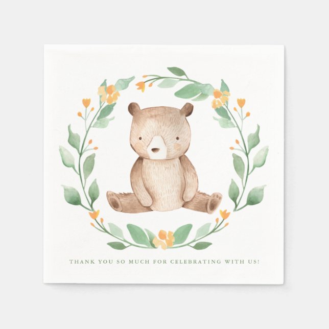 Cute Watercolor Baby Bear Woodland Baby Shower Napkins (Front)