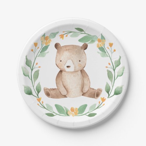 Cute Watercolor Baby Bear Woodland Baby Shower Paper Plates