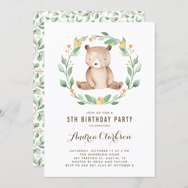 Cute Watercolor Baby Bear Woodland Kids Birthday Invitation (Front/Back)