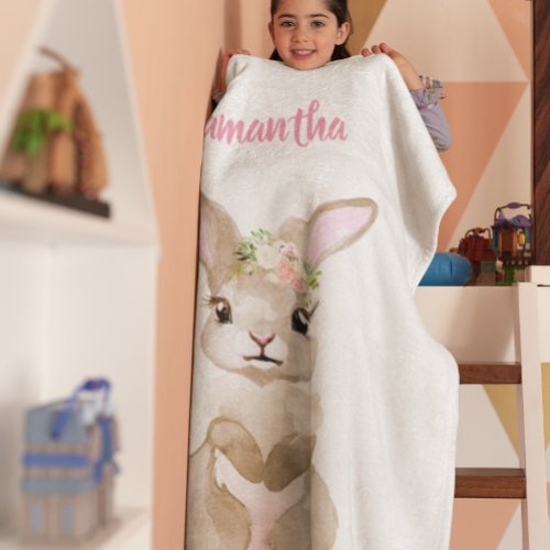 Cute Watercolor Baby Bunny Personalized Fleece Blanket