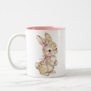 Cute Watercolor Baby Bunny with Pink Bow Two-Tone Coffee Mug