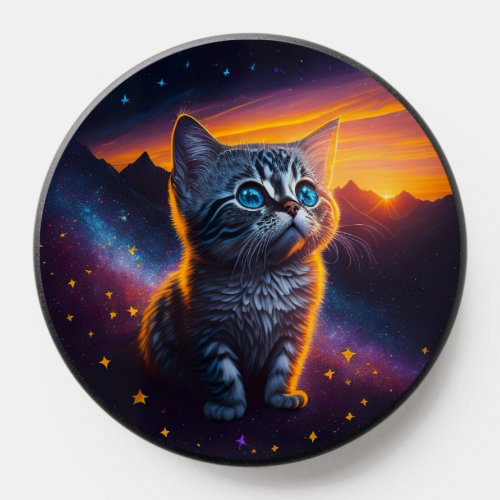 Cute Watercolor Baby Cat Kitten Celestial Sunset  PopSocket