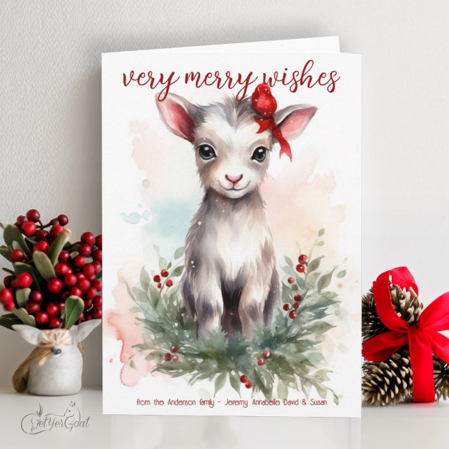 Cute Watercolor Baby Christmas Goat Merry Wishes  Card (goat lover's Christmas Cards - baby goats in watercolor - 6th in a series of 8  #zazzlemade)
