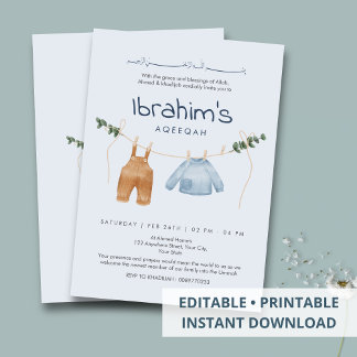 Cute Watercolor Baby Clothes Laundry Line Aqiqah Invitation