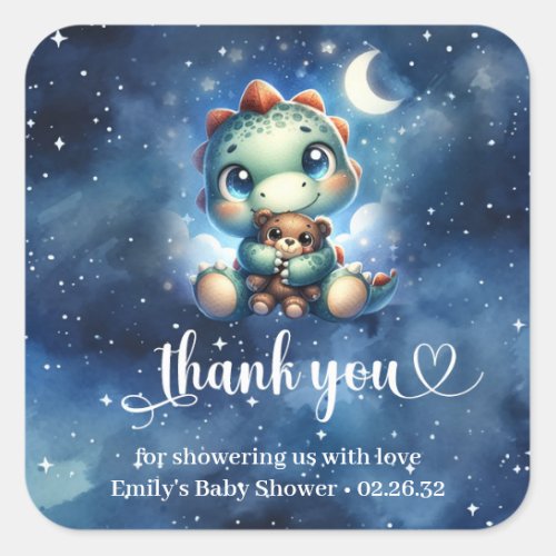 Cute watercolor baby dino and teddy bear baby square sticker