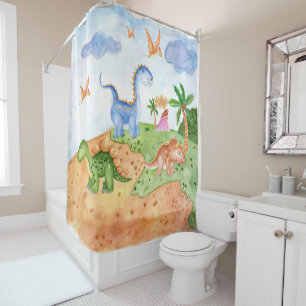 Cute Watercolor Baby Dinosaur Prehistoric Boys Shower Curtain