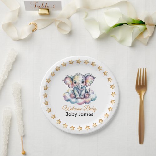 Cute Watercolor Baby Elephant Blue Baby Shower Pap Paper Plates