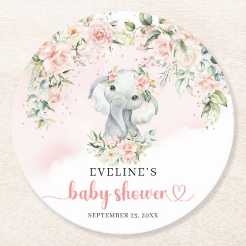 Cute watercolor baby elephant blush and gold round paper coaster