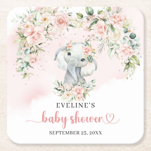 Cute watercolor baby elephant blush and gold square paper coaster