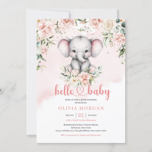 Cute watercolor baby elephant blush floral safari invitation