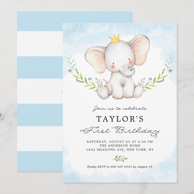 Cute Watercolor Baby Elephant Boy First Birthday Invitation (Front/Back)