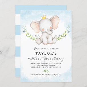 Cute Watercolor Baby Elephant Boy First Birthday Invitation