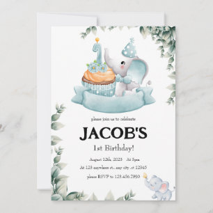 Cute Watercolor Baby Elephant first birthday boy Invitation