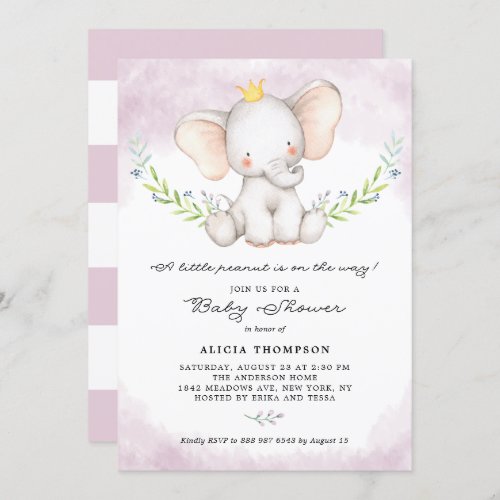 Cute Watercolor Baby Elephant Girl Baby Shower Invitation