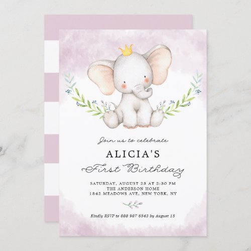 Cute Watercolor Baby Elephant Girl First Birthday Invitation