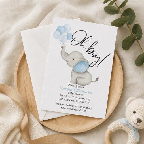 Cute Watercolor Baby Elephant "Oh Boy!" Invitation