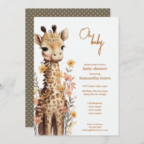 Cute Watercolor Baby Giraffe Baby Shower Invitation