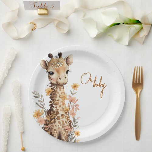 Cute Watercolor Baby Giraffe Baby Shower Paper Plates