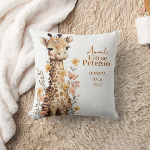 Cute Watercolor Baby Giraffe Baby Stats Throw Pillow