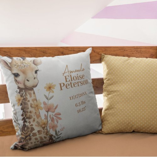 Cute Watercolor Baby Giraffe Baby Stats Throw Pillow