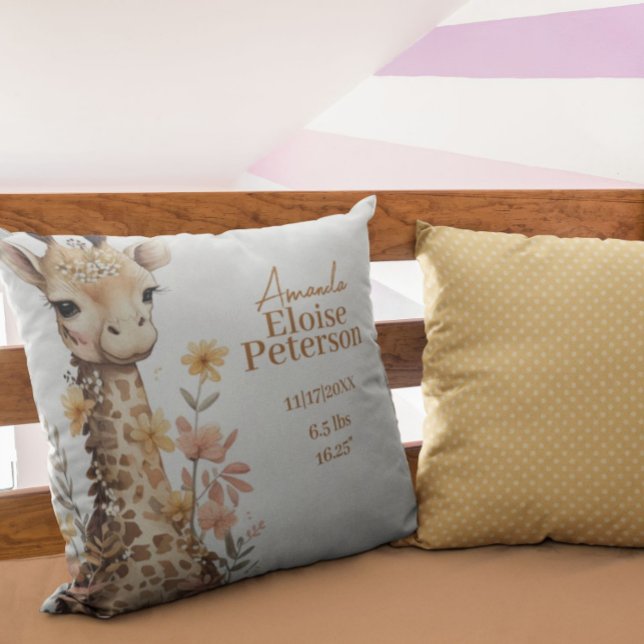 Cute Watercolor Baby Giraffe Baby Stats Throw Pillow (Creator Uploaded)