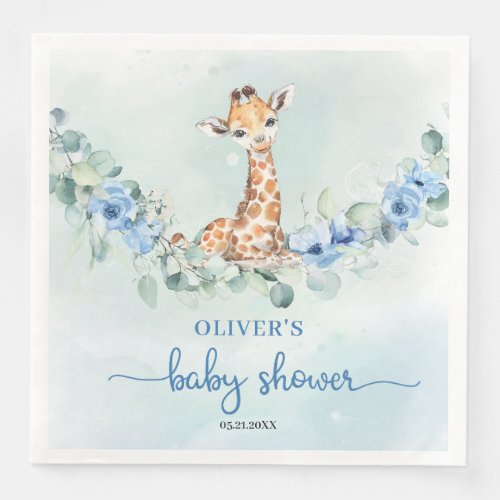 Cute watercolor baby giraffe on eucalyptus foliage paper dinner napkins