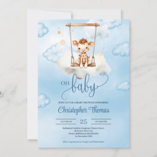 Cute watercolor baby giraffe on swing in blue sky invitation