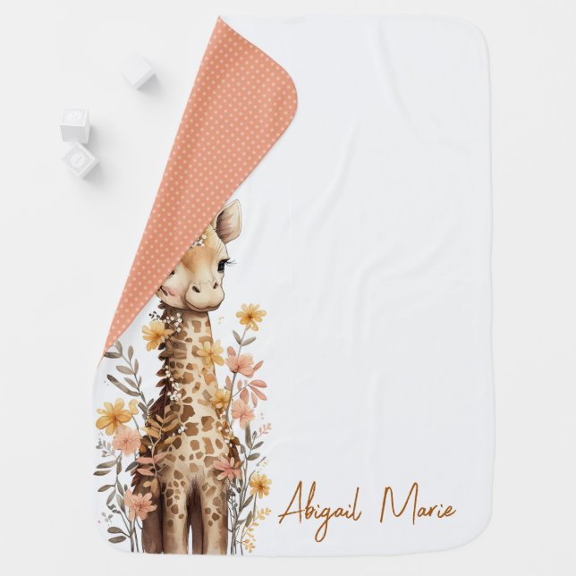 Cute Watercolor Baby Giraffe Personalized Baby Blanket (In Situ)