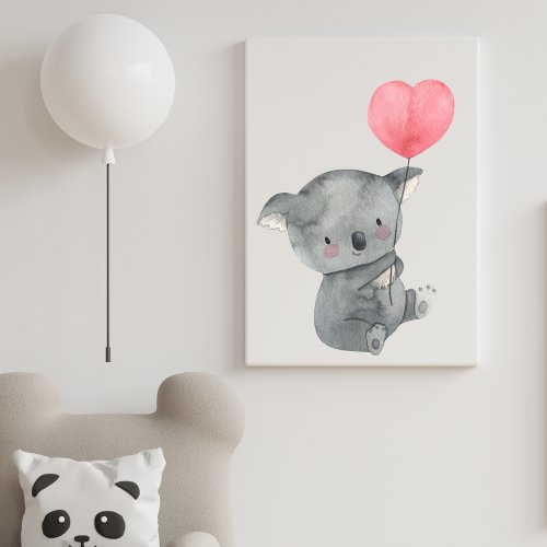 Cute Watercolor Baby Koala and Balloon Nursery  Faux Canvas Print