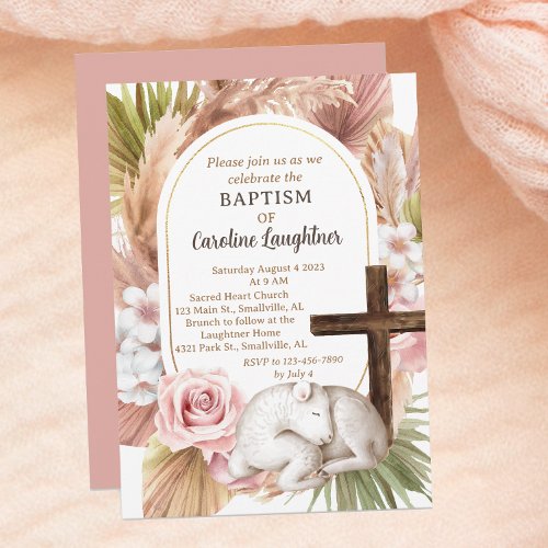 Cute Watercolor Baby Lamb Girl Baptism Invitation