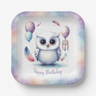 Cute Watercolor Baby Owl Balloons Birthday Paper Plates