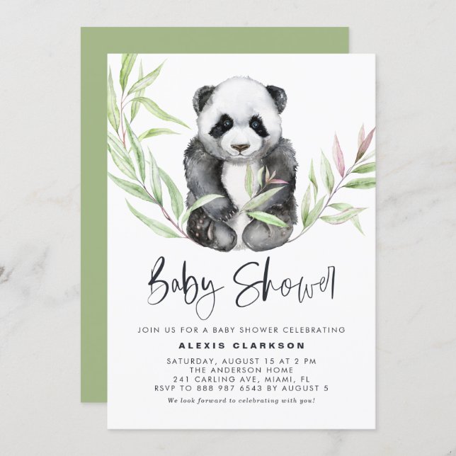 Cute Watercolor Baby Panda Greenery Baby Shower Invitation (Front/Back)
