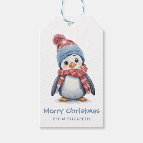 Cute Watercolor Baby Penguin Christmas Gift Tags