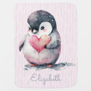 Cute Watercolor Baby Penguin Pink Stripes Custom Baby Blanket
