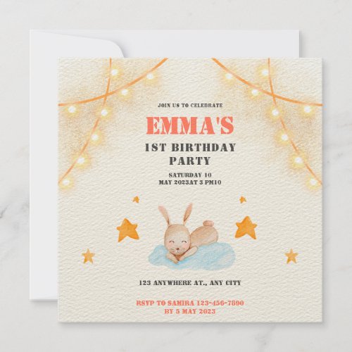 Cute Watercolor Baby rabbit 1st birthday party  Invitation