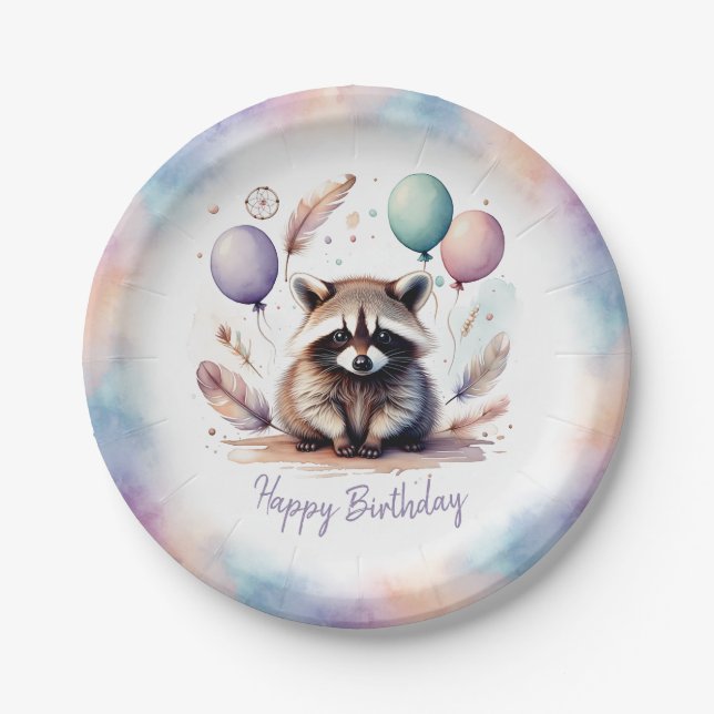 Cute Watercolor Baby Raccoon Balloons Birthday  Paper Plates (Front)