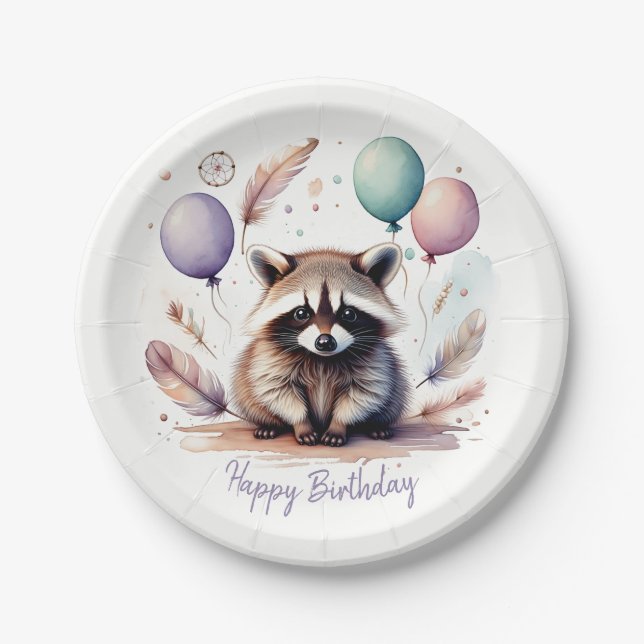 Cute Watercolor Baby Raccoon Balloons Birthday  Paper Plates (Front)