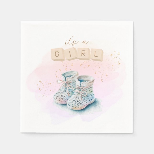 Cute Watercolor Baby Shoe Girl Gender Reveal Napkins (Front)