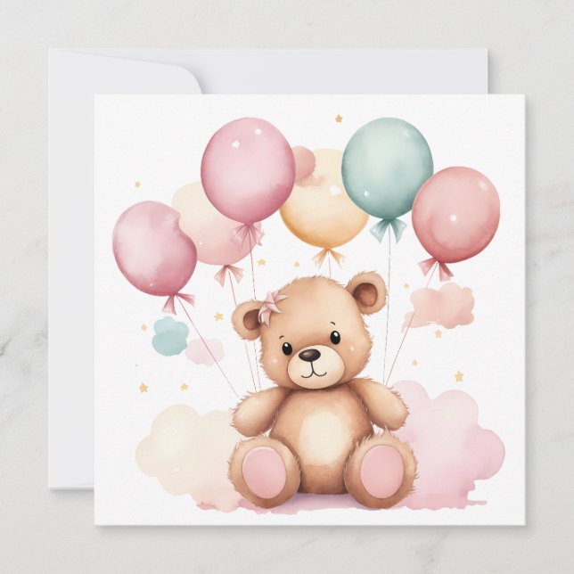 Cute Watercolor Baby Shower Balloons Teddy Bear Invitation (Front)