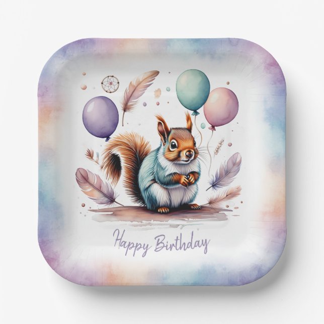 Cute Watercolor Baby Squirrel Balloons Birthday  Paper Plates (Front)
