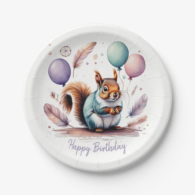 Cute Watercolor Baby Squirrel Balloons Birthday  Paper Plates (Front)