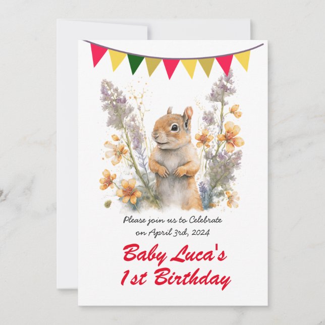 Cute Watercolor Baby Squirrel - Birthday Party  Invitation (Front)